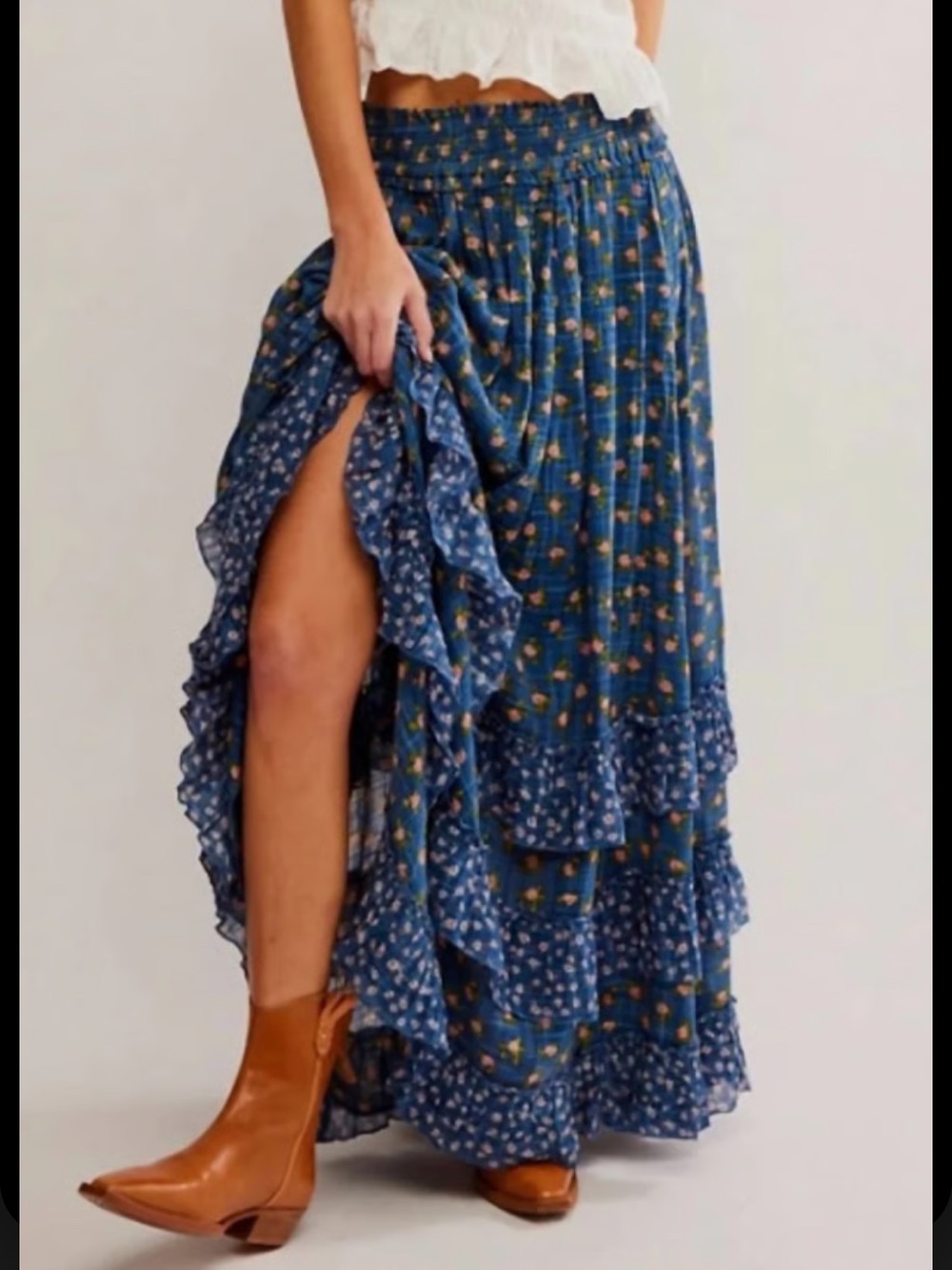 Free People Brynn Printed Maxi Skirt Blue Chambray Women’s S Smocked Ruffle